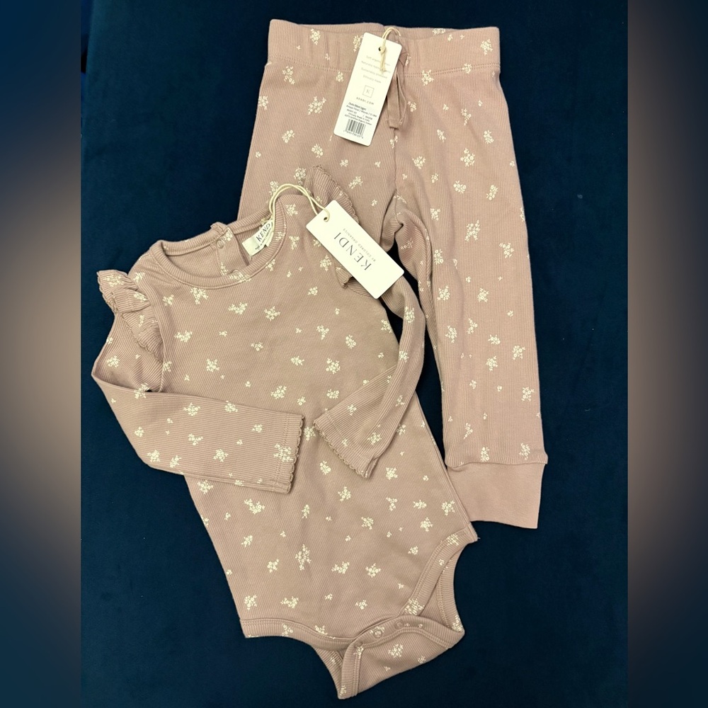 NWT KENDI Dusty Rose Floral Ribbed Baby One-Piece & Pants Set